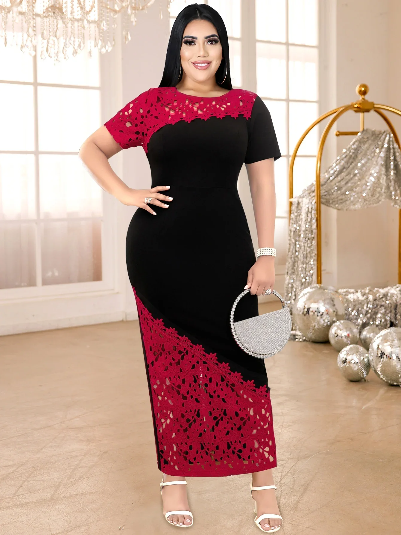 Women Black Sheath Evening Party Dress O Neck Red Lace Patchwork Short Sleeve Package Hip Formal Celebrate Prom Gowns Plus Size