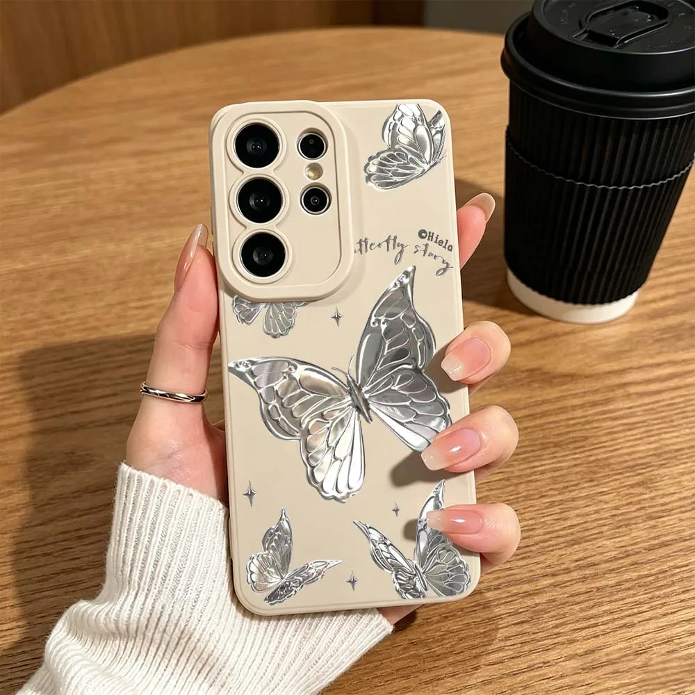 Silver Butterfly Decor Sticker For Samsung Galaxy S26 S25 S24 S23 S22 S21 S20 Ultra Plus A15 A35 A54 A55 Soft Cover Phone Case
