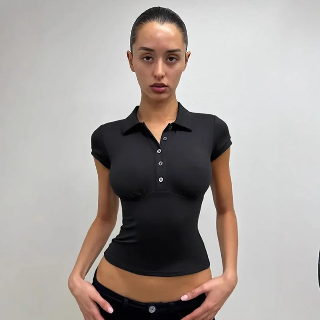 Pop Pop American Simple Style Button Up V Neck Splice Belly Show Casual Top Women's Versatile Short Sleeve T Shirt Hole Decorati