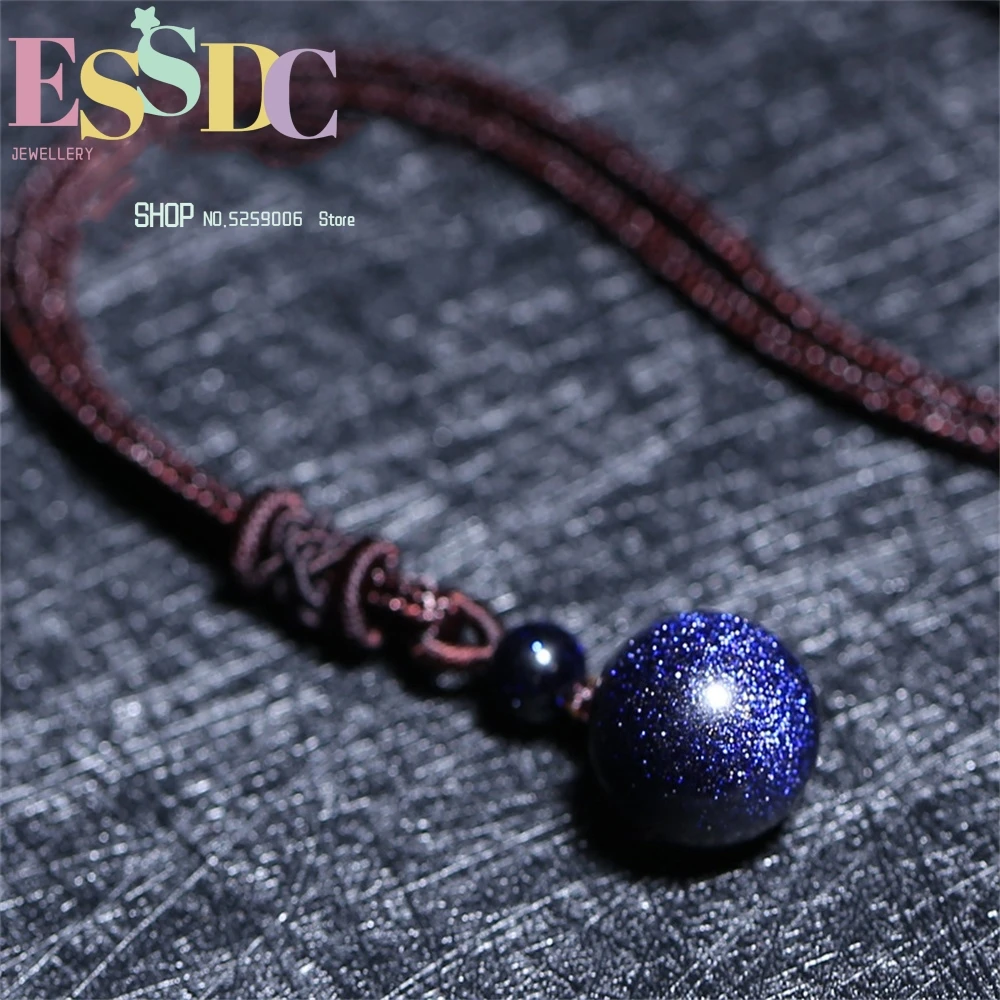 Wholesale Universe Galaxy Pendulum Natural Blue Sandstone Ball Pendant Necklace 8-18mm Transfer Luck Beads Men or Women Jewelry