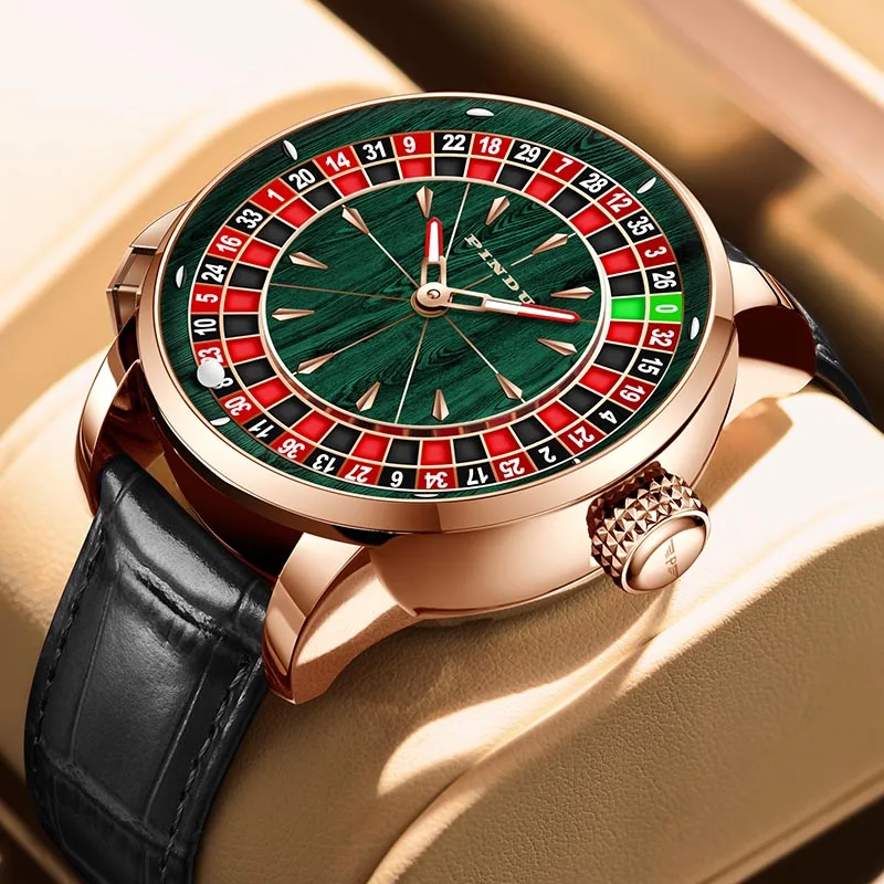 PINDU New Watches European Button Roulette Fun Game Sapphire Glass NH35A Mechanical Watch Diamond Dial Leather Men's Watch P6628