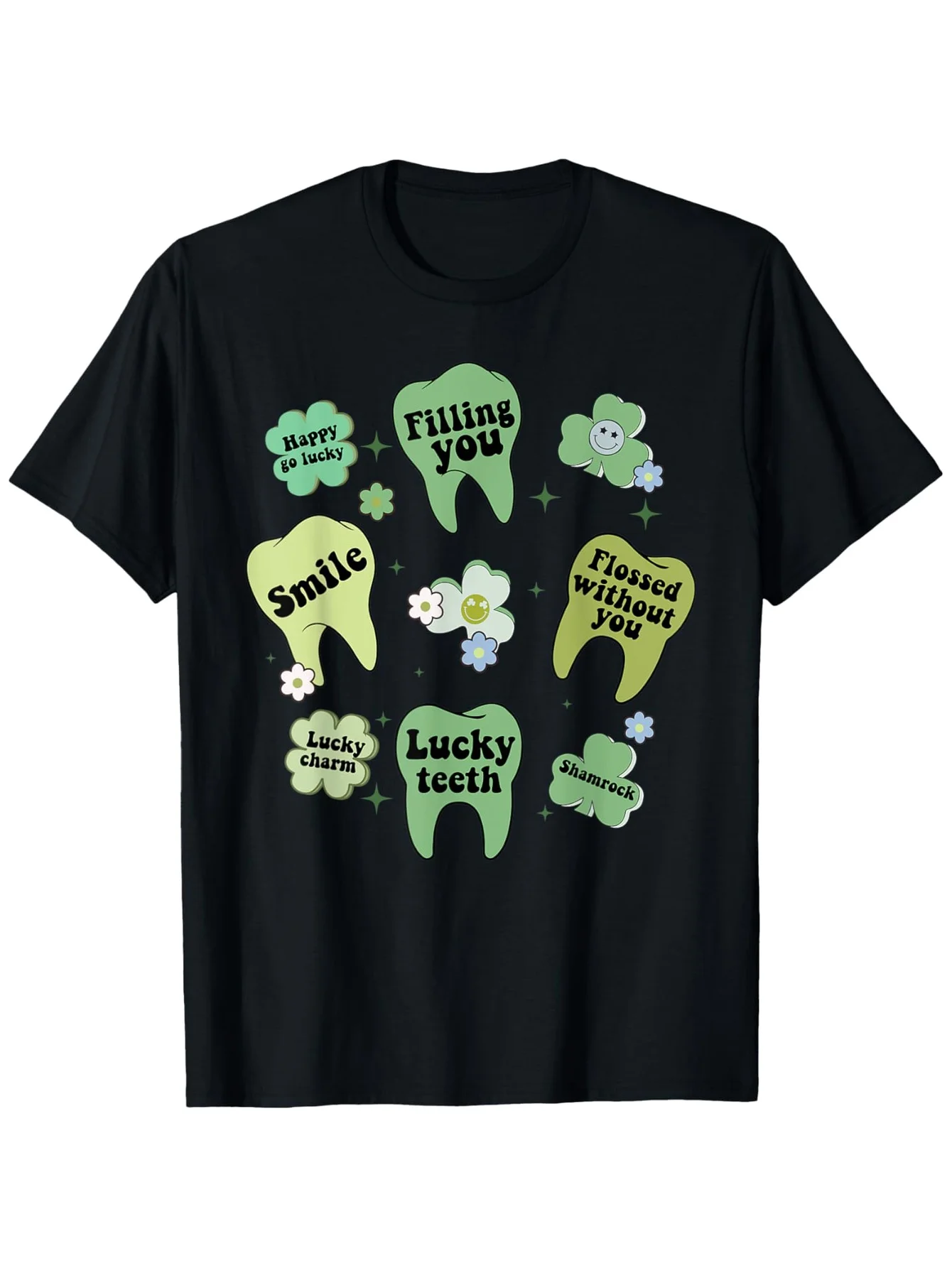Funny Men's Black Graphic T-Shirt Lucky Teeth Shamrock Clover Smile Tooth Floral Slogan Print 100% Cotton Heavyweight Short Sleeve Casual Streetwear Tee