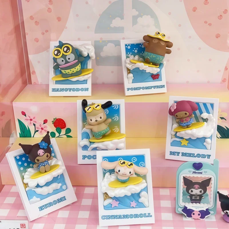 

Sanrio Summer Black Skin Surfing Cartoon Doll Blind Box Refrigerator Magnet Genuine Mystery Toy Accessory for Birthday Gift