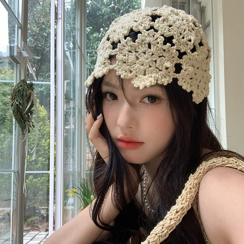 1pc Summer Breathable Hollowed Out Knitted Hats for Women,outdoor Lace Casual Beret Cap Fashion Beach Tralve Skullies Hats 모자