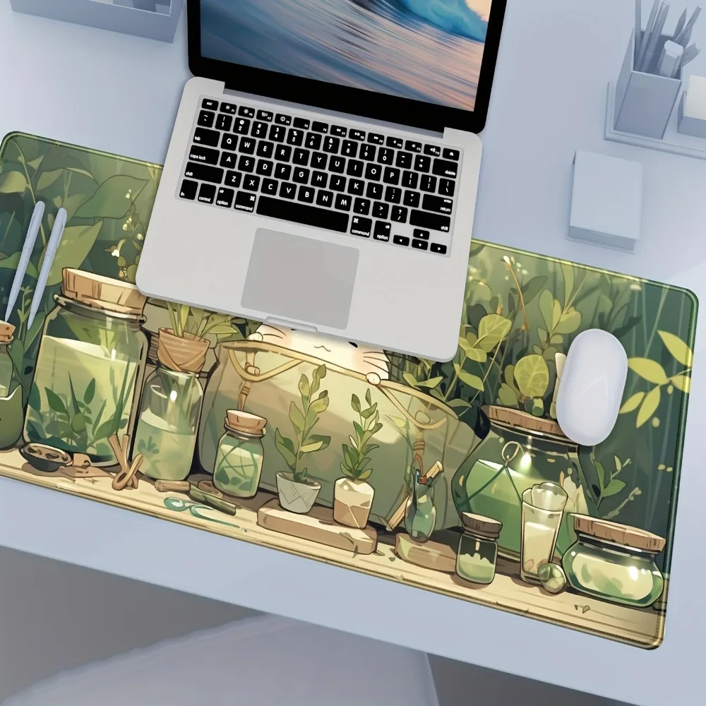 Adorable Kawaii White Anime Green Plant Leaves XL Desk Mat, Non-Slip Extended Gaming Mouse Pad for Women Office Decor