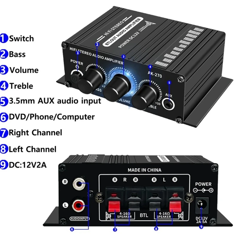 AK-270 HIFI Amplifier 2.0 Channel Home Amp Bass & Treble Adjustment Stereo Audio Home Cinema Sound System DC12V