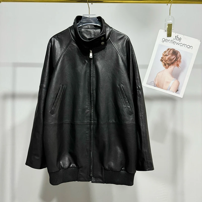 Kurtka ze skóry naturalnej 100% damska, garbowana roślinnie skóra owcza, motocyklowa, casualowa, średniej długości, luźna, czarna kurtka Lederjacken Frauen