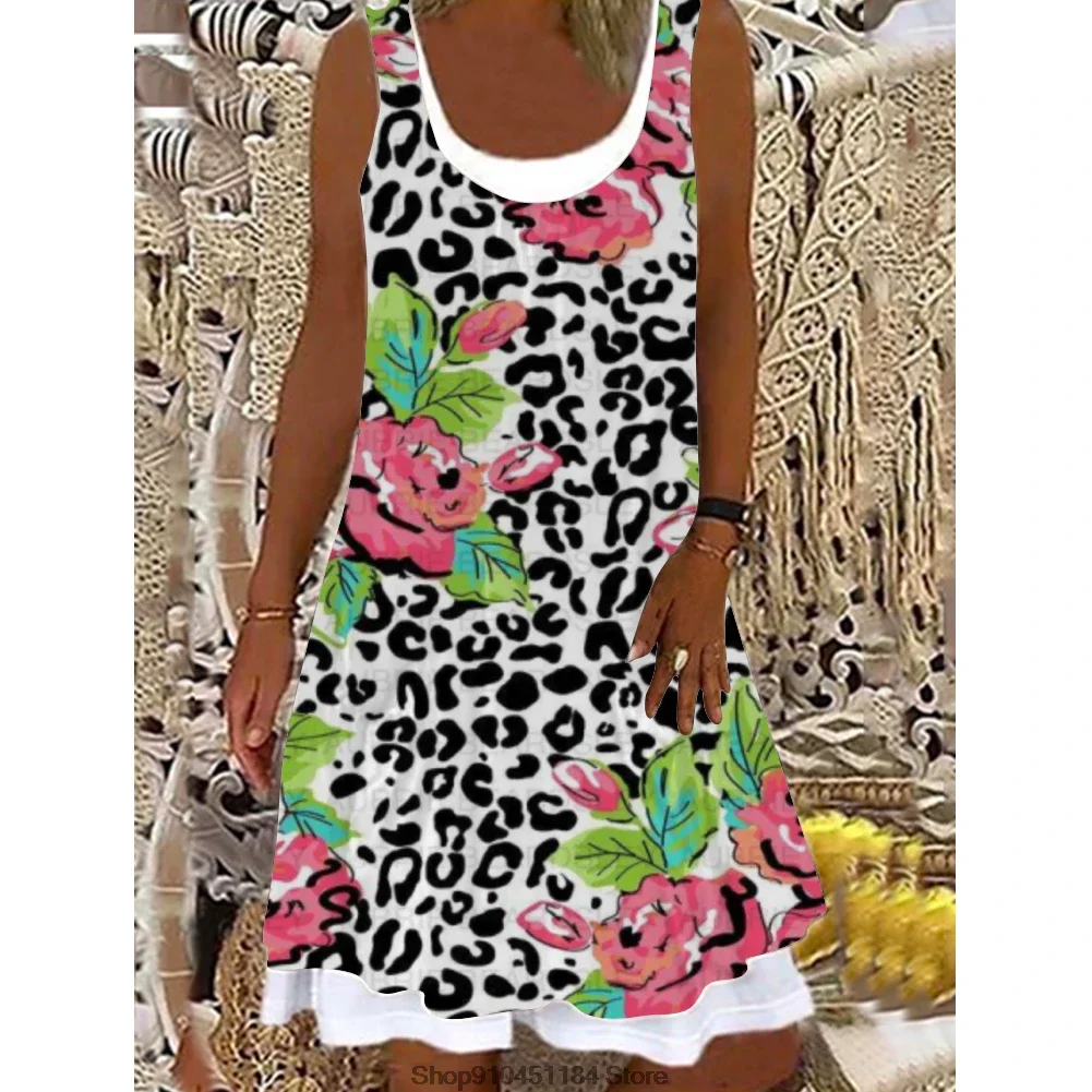 Sexy Leopard Printed Backless Fake Two-Piece Dresses Sleeveless Round Neck sling Beach Dresses Midi Dress Women's Clothing