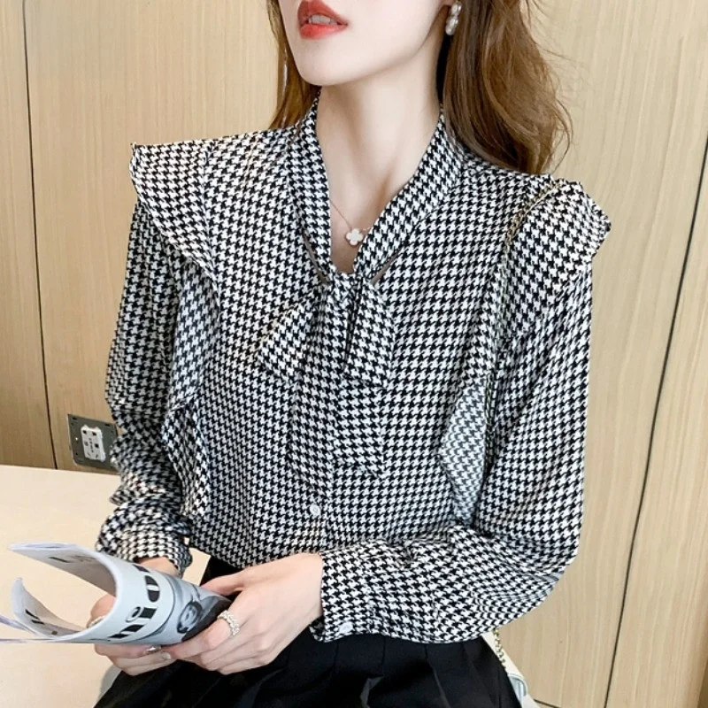

Retro Design Lady's irt Thin Long Sve with Knot Tie Ele Sle Spring Autumn Plaid Pattern Button up Cardigan