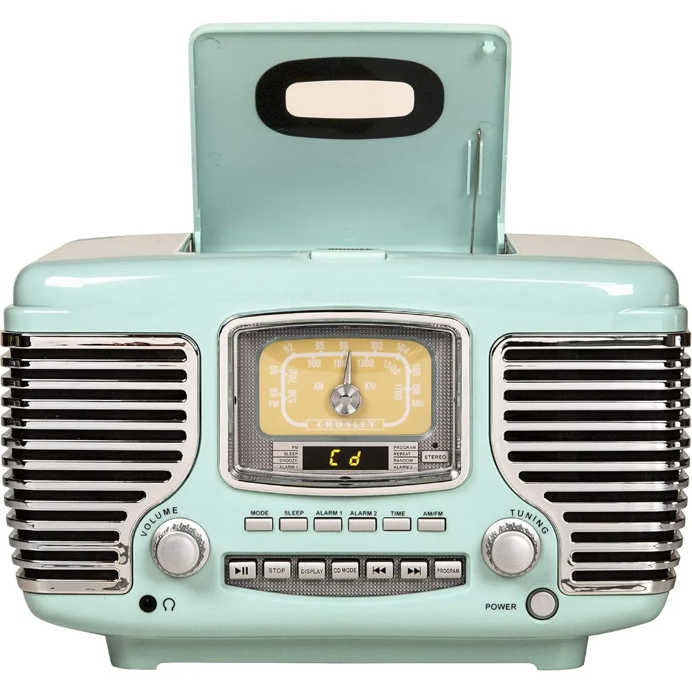 مشغل أقراص مضغوطة Aqua Blue Crosley Corsair مع راديو AM/FM وساعة منبه مزدوجة وراديو بلوتوث على سطح الطاولة