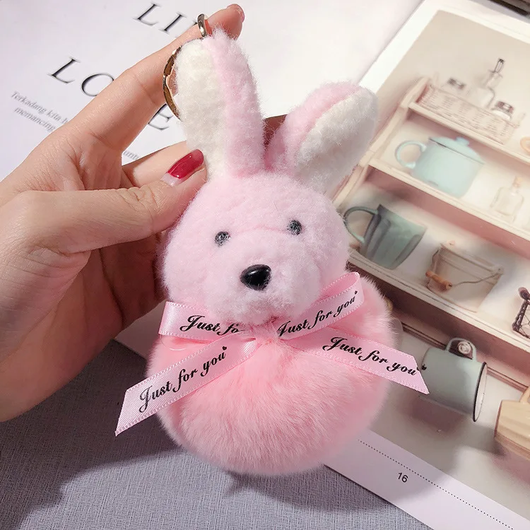 Plush Stuffed Animal Rabbit Fur Keychain Furry Doll Pompom Bunny Stuffed Keyring Bag Charm Kawaii Plush Bunny Pendant Women Girl