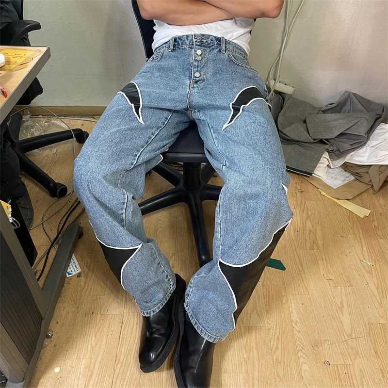 

Thug Club Pu Leaher Embroidery Patchwork Baggy Y2K Jeans Men's Streetwear Straight Oversized Denim Trousers Unisex Cargo Pants