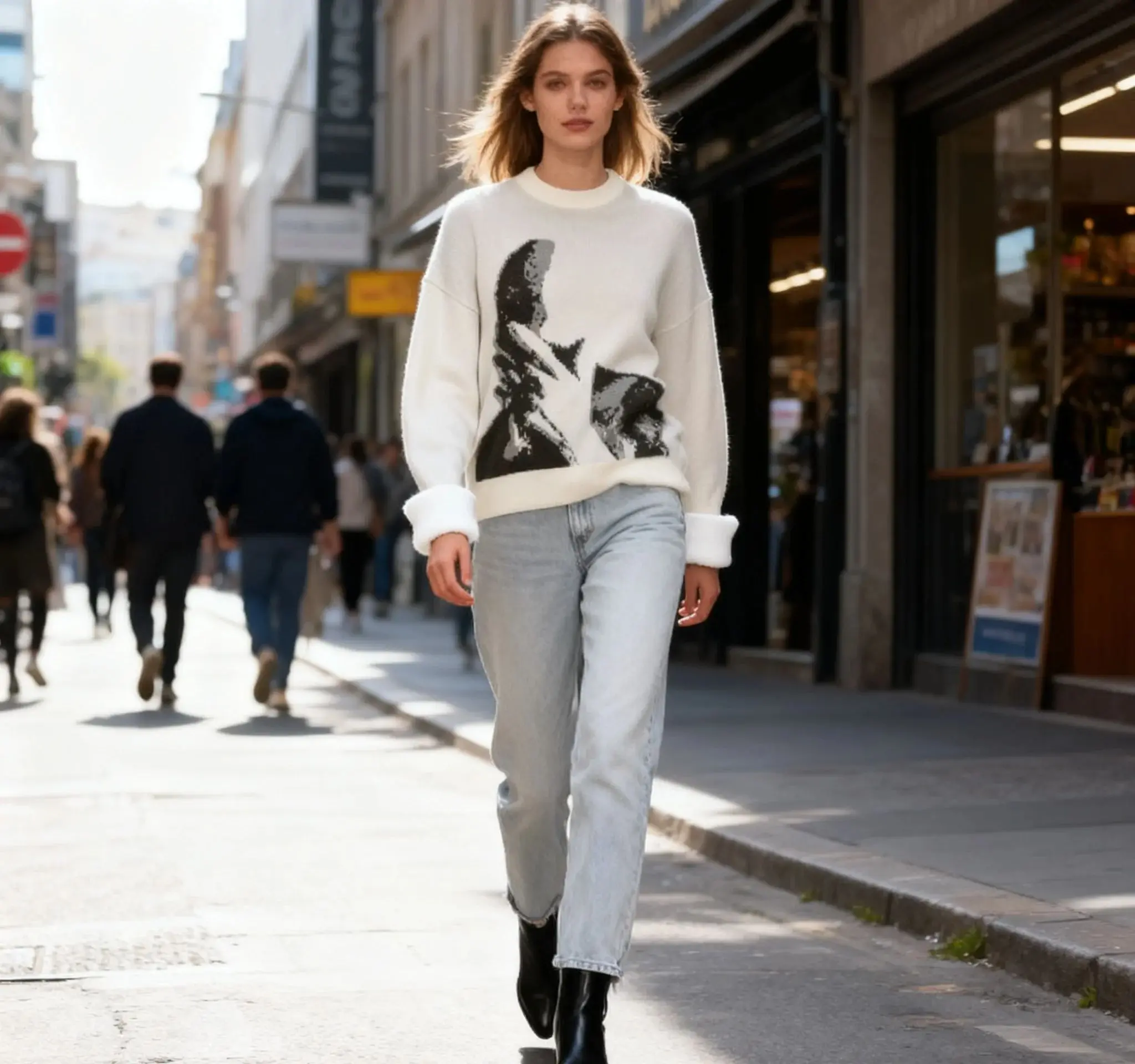 

Hip hop street fashion versatile unisex round neck casual mask abstract men's print sweater loose sportswear knitted top couple