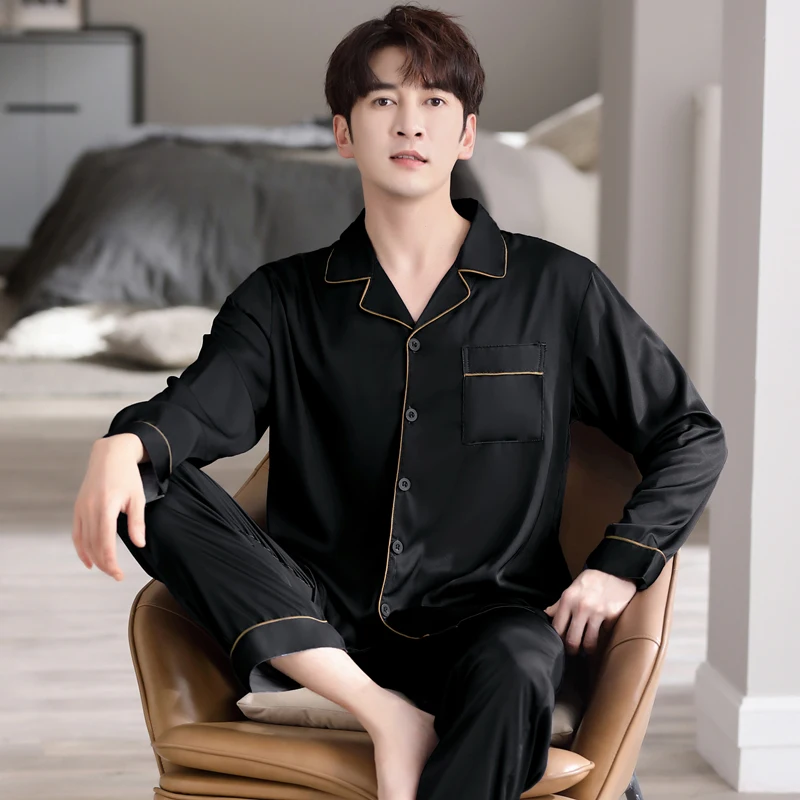 New Men Pajama Sets Silk Satin Sleepwear For Man Shirt Long Sleeve Pyjama Male Fashion Soft Home Night Wear Big Size Loungewear