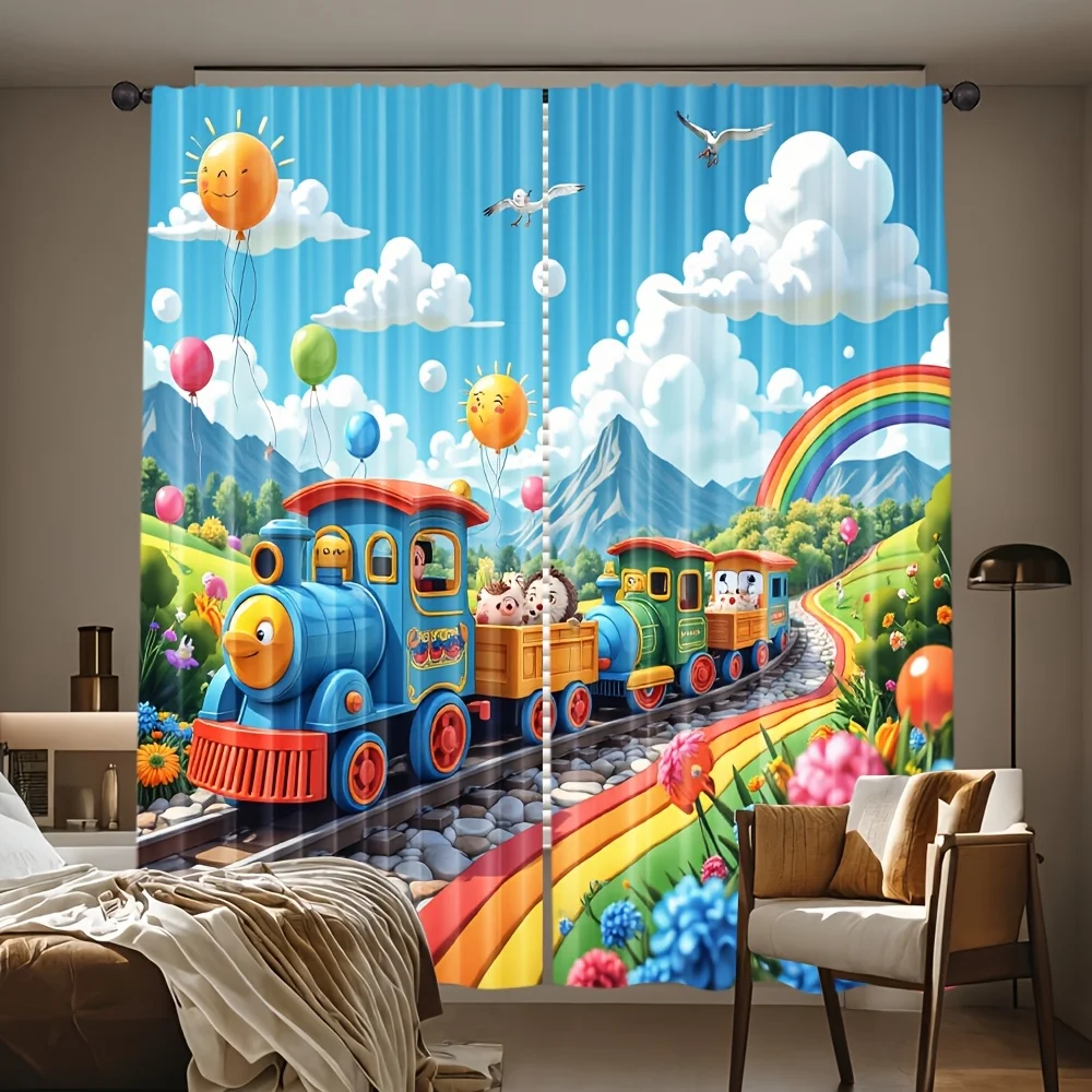 Kids Cartoon Train Rainbow Curtains Polyester Window Decor for Nursery Room Bright Children Bedroom Drapes Colorful Scenery Home