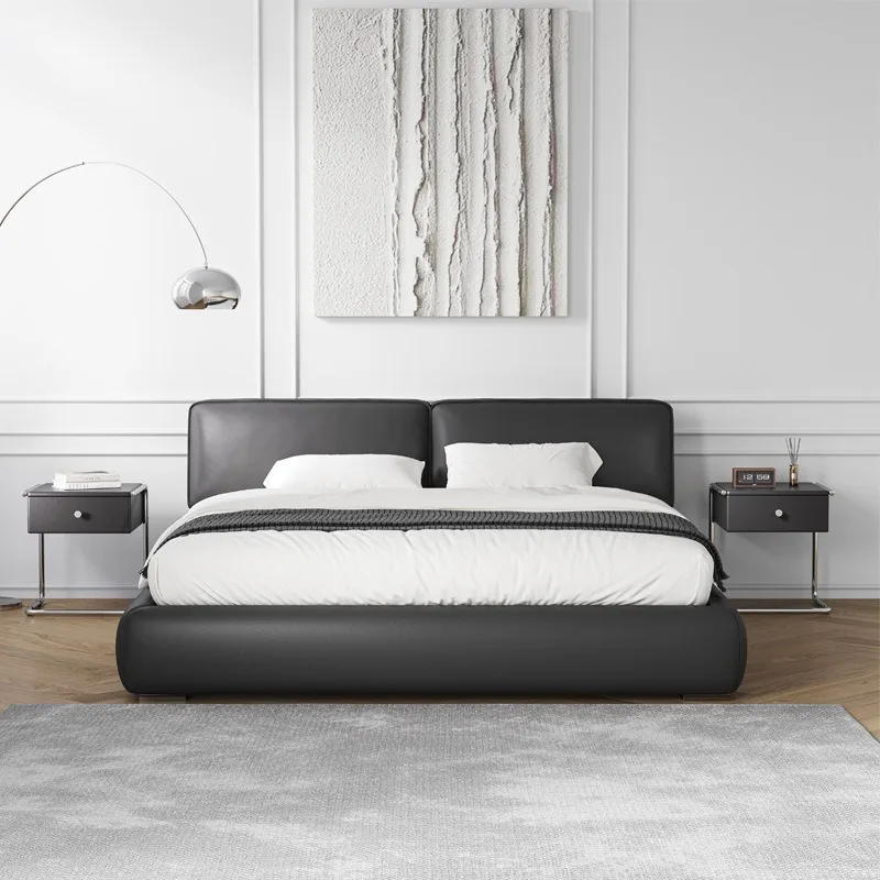 Italian minimalist designer large black cowhide bed, 1.8m minimalist modern small apartment, master bedroom storage double bed