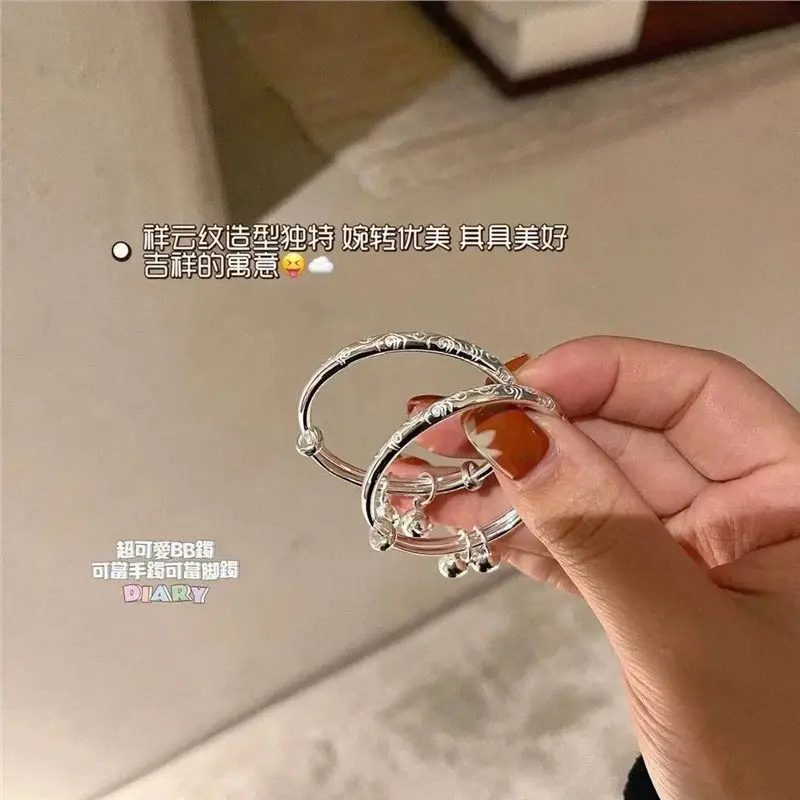 

S999 Children'S Bracelet Peace Solid Push-Pull Engraved Silver Bangle