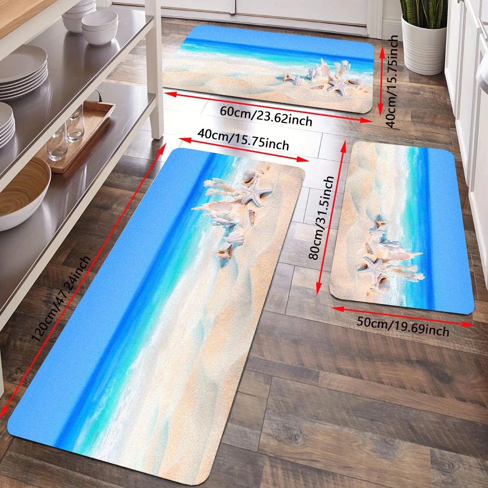 Starfish Beach Kitchen Floor Rug Set Seashell Sea Ocean Blue Sky Entrance Doormat Flannel Memory Foam Bath Mats Bathroom Carpet