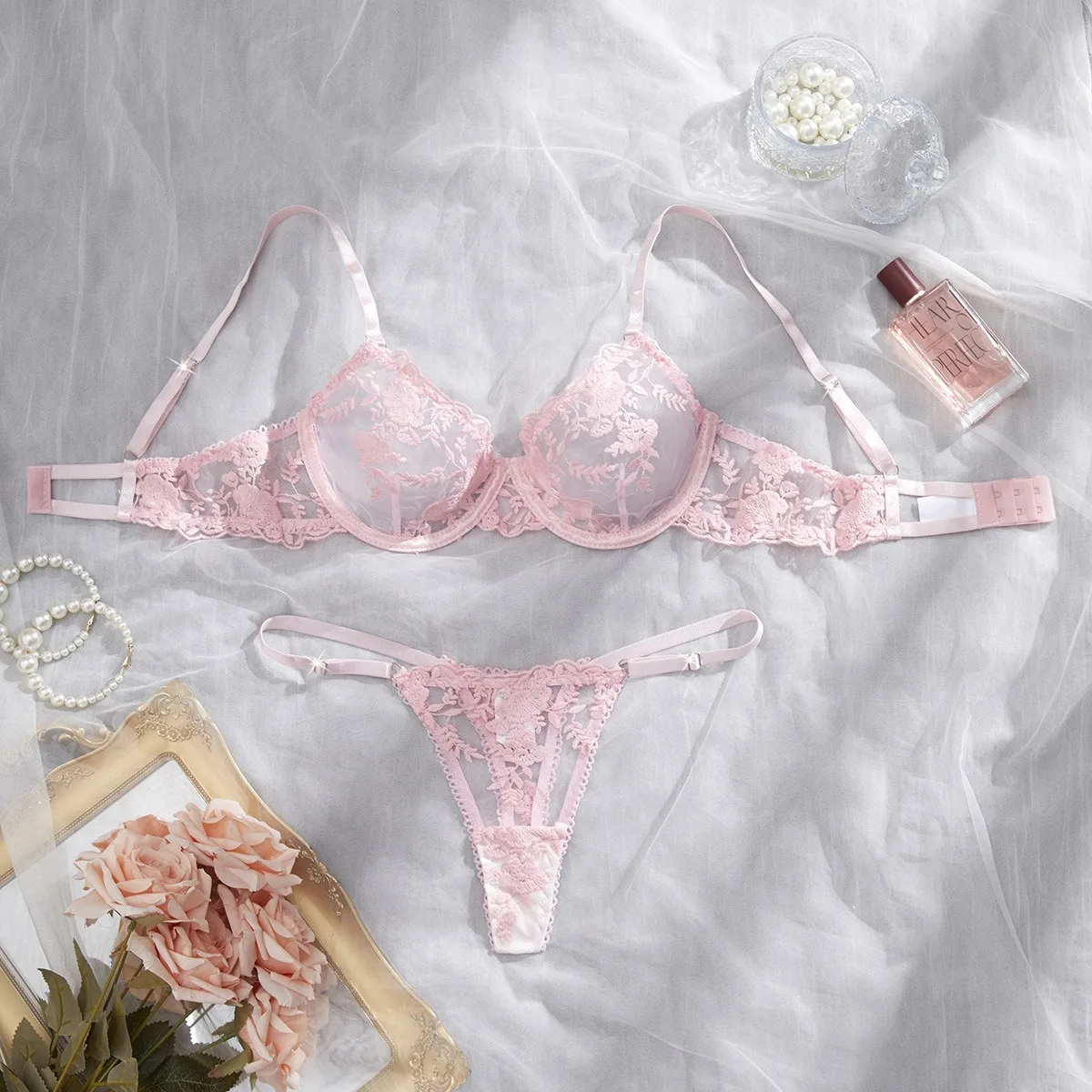 Western Mesh Floral Embroidery Pure See Through Bra Panties Womens Erotic Seductive Underwear Apparel Sexy Lingerie Set