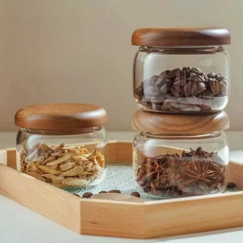

LMM glass coffee bean jam bottle dry goods storage tea can acacia wood cover