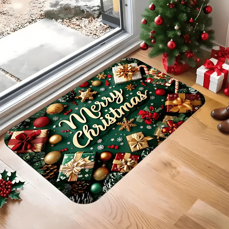 1pc 2D Flat Christmas Gift Box & Bell Doormat, Machine Washable & Soft, Indoor & Outdoor Welcome Mat, for Home, Living Room