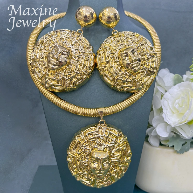 

Fashion Dubai 24K Gold Plated Jewelry Set Round Texture Pendant Necklace Earrings African Nigerian Bridal Party Wedding Gifts