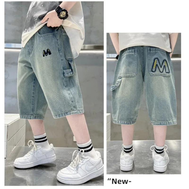 OLEKID Summer Children Boys Jeans Thin Sticker Pockets Junior Boys Denim Shorts 3-14Yrs Kids Teens Boys Casual Shorts Overalls