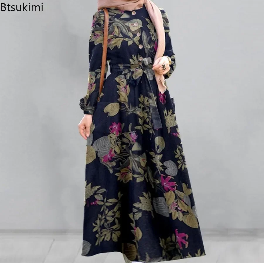 New Fashion Women\'s Floral Print Cotton Linen Dress Hijab Muslim Long Sleeve Abayas Ladies Elegant Vintage Party Dress with Belt