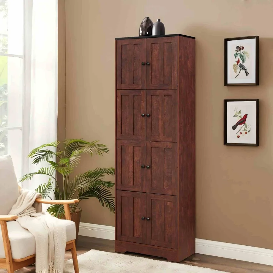 

Tall Storage Cabinet with 8 Doors and 4 Shelves, Wall Storage Cabinet for Living Room, Kitchen, Office, Bedroom, Bathroom, Waln