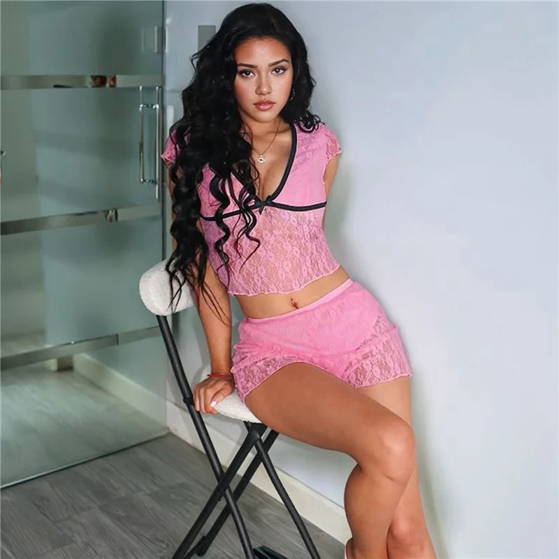 

ASDS-Women's 2 Piece Outfits Lace See Through Top Bodycon Shorts Sets V Neck Vacation Going Out Wear