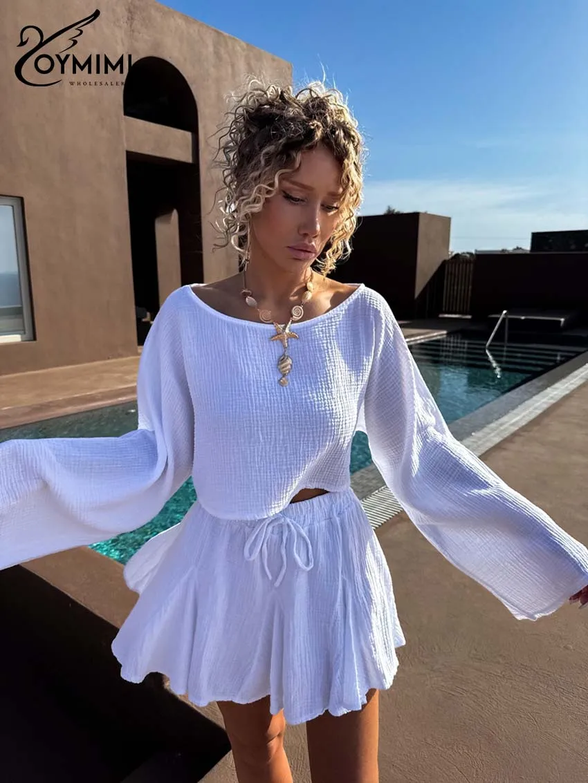 오이미미 우아한 화이트 코튼 여성용 2피스 세트, 패션 O넥 긴팔 크롭탑과 드로스트링 플리츠 미니스커트 세트