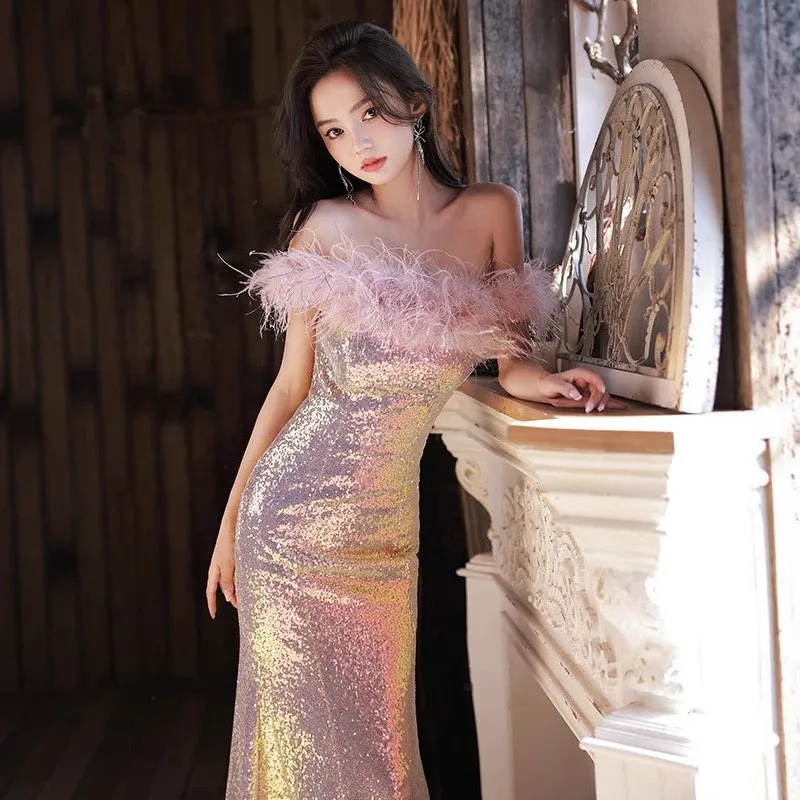 فستان جديد مزين بالترتر بكتف واحد بدون حمالات لا يرتدي لعروض الامتحانات الفنية الصوتية على ذيل السمكة #4