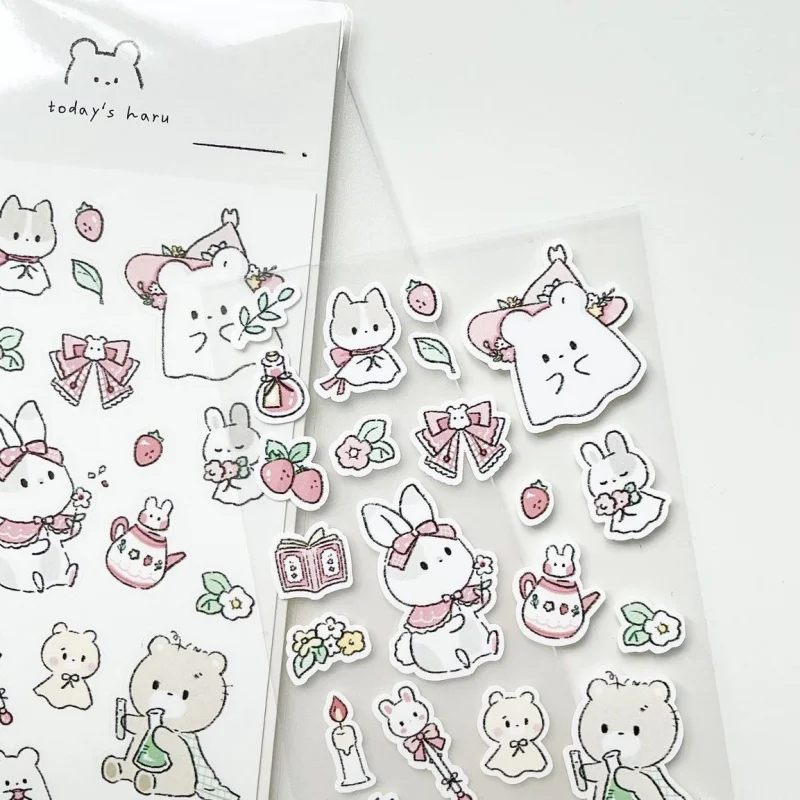 Korean Cute Cartoon Rabbit Bear Stickers Kawaii Animals Hand Account Photo Album Planner Diary Scrapbook DIY Decorative Stickers
