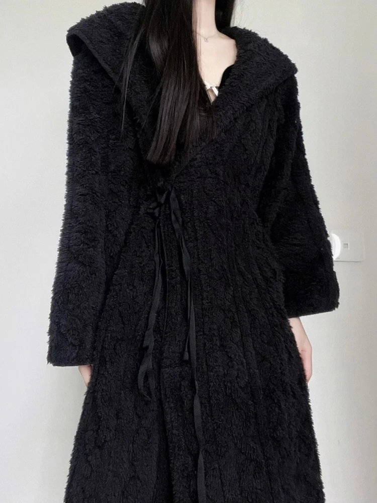 Women Black Coral Velvet Robes Winter Thicken Lounge Hooded Sleepwear Warm Loose Japanese Sweet College Fashion Long Bathrobes