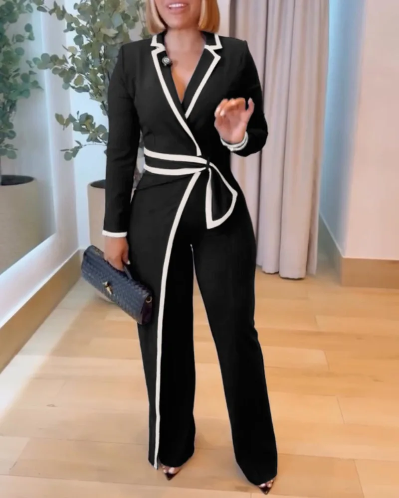 Spring Women Contrast Paneled Notched Collar Padded Shoulders Work Jumpsuit Casual Zipper Back Wrap Front Jumpsuit