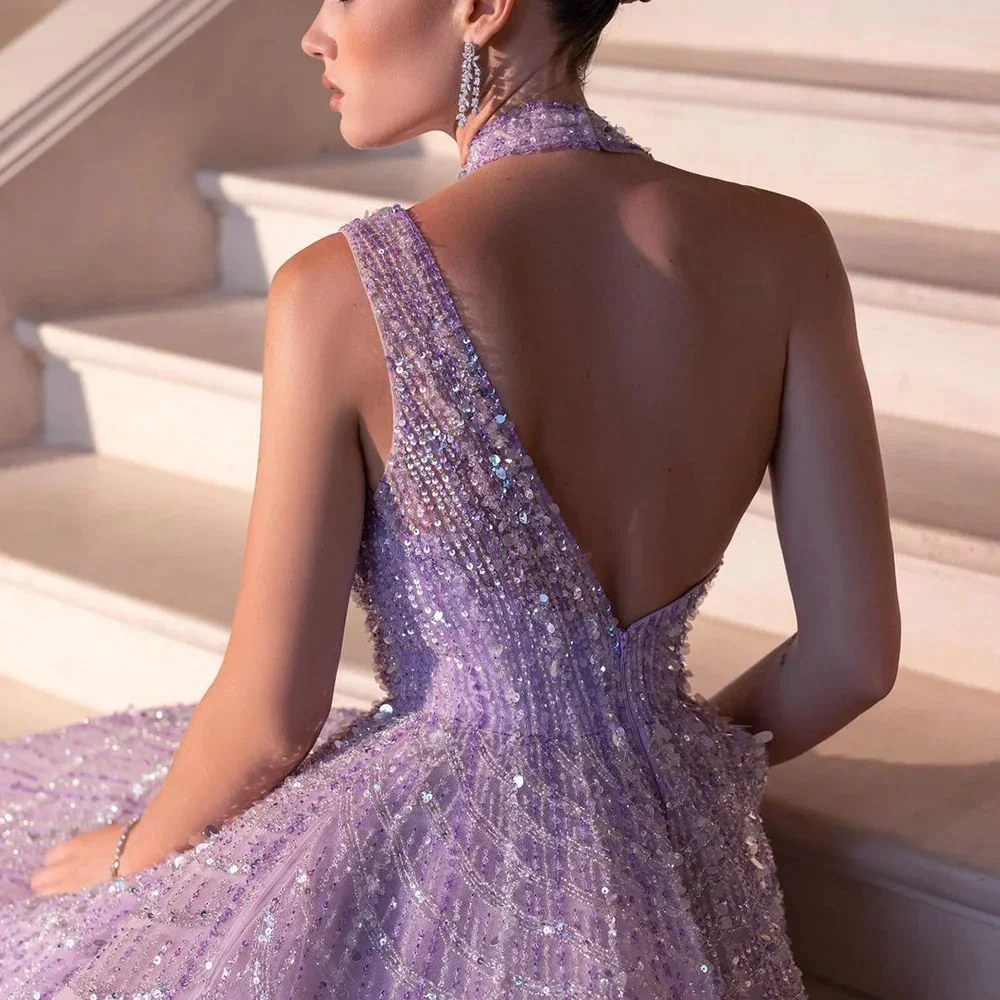 Luxurious Beaded Dubai Lilac Halter Neckline A-Line Evening Dresses for Women Elegant Long Arabic Tulle Prom Formal Gowns 2024