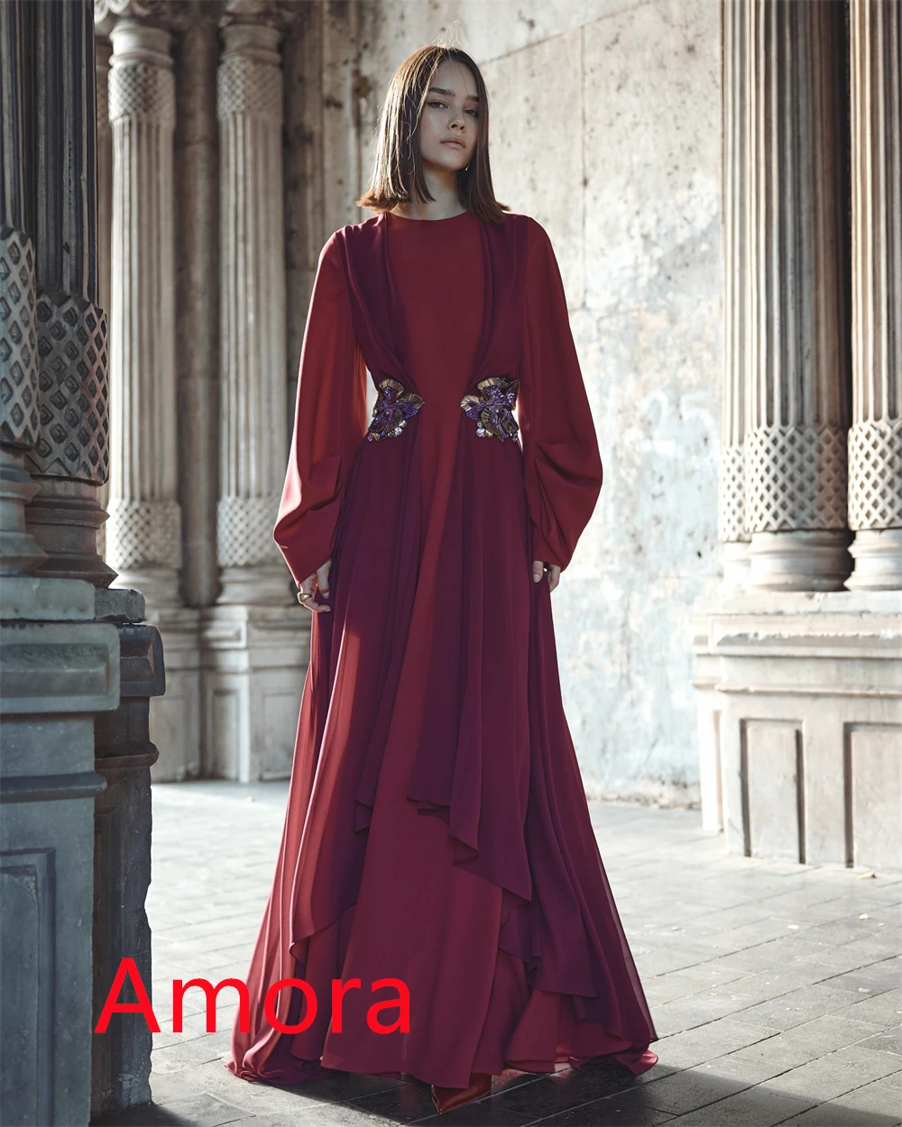 Темпераментное бордовое вечернее платье из джерси по индивидуальному заказу, изысканное платье с круглым вырезом и длинными рукавами, со шлейфом, платья для особых случаев на заказ