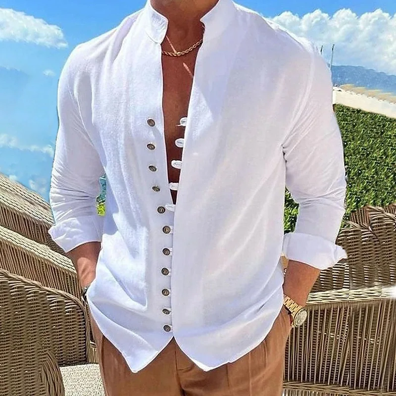 Men Vintage 100% Cotton Stand Collar Long Sleeve Shirt Loose Casual Spring Summer Beach Tops