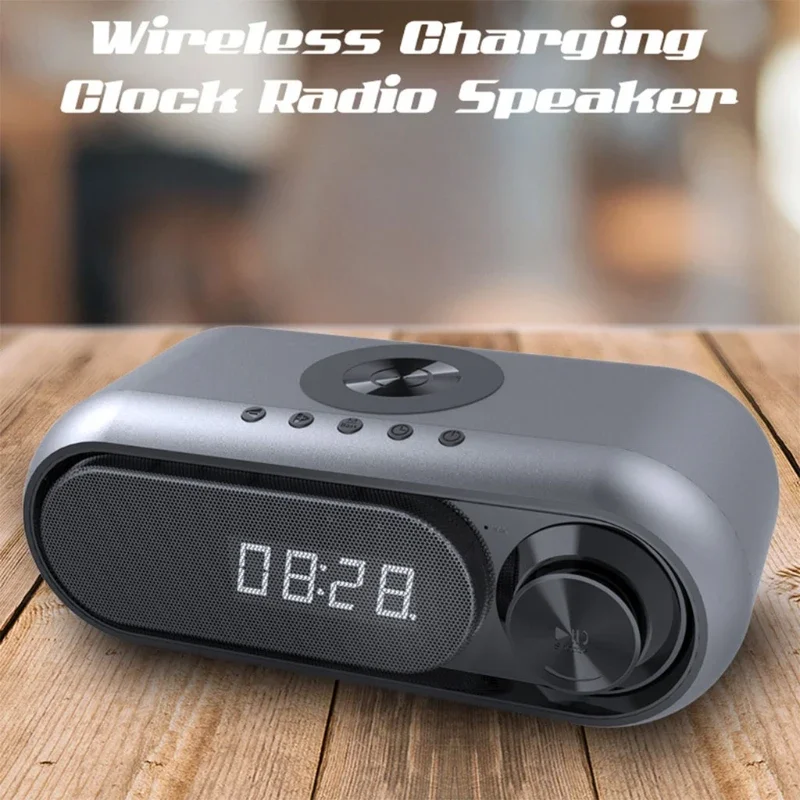 Bluetooth Speaker with Wireless Wired Charging LED Clock Charge Two Phones