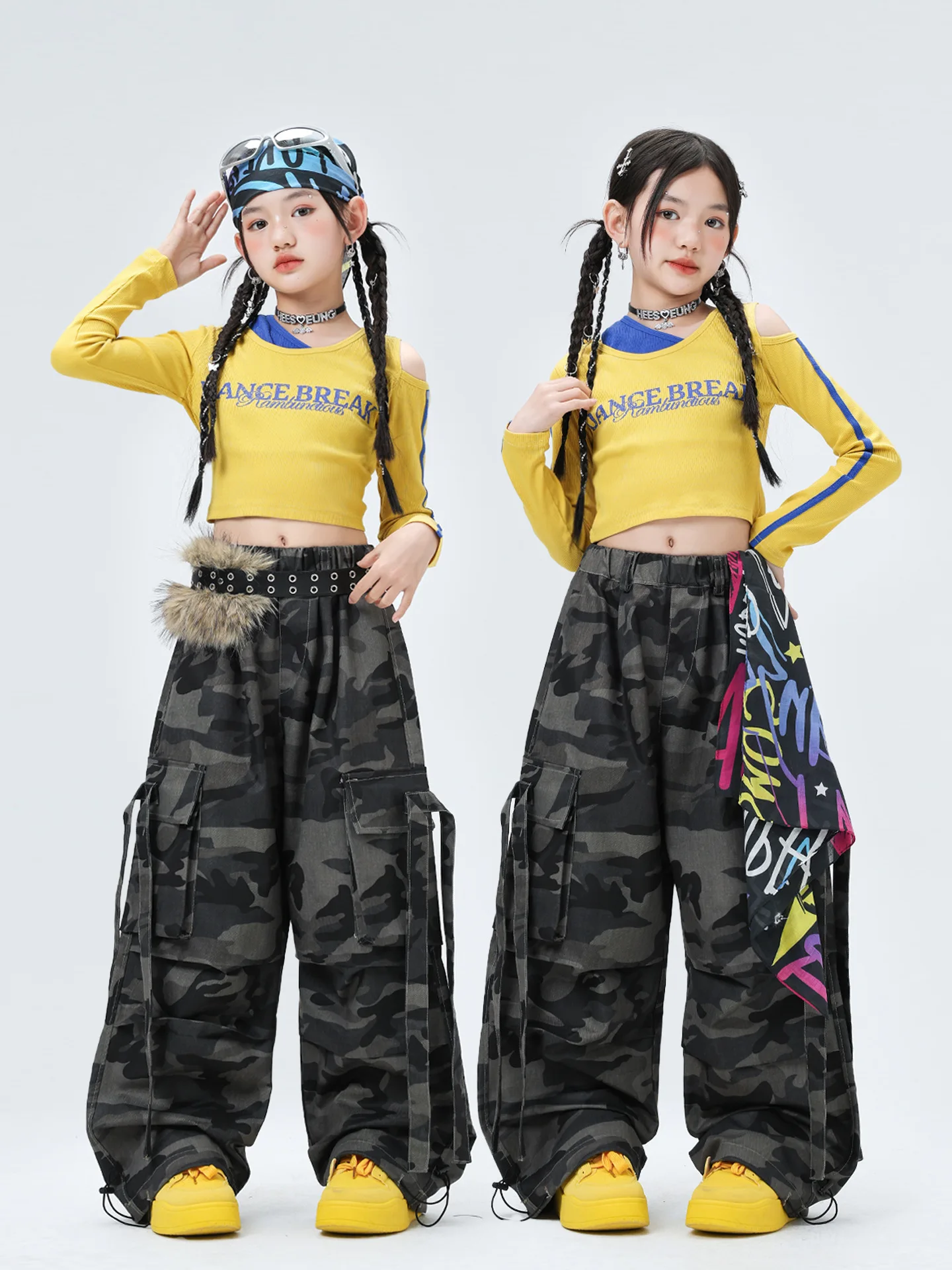 Girls Hip Hop Off Shoulder Green Crop Top ‌Street Dance Jeans Children Streetwear Denim Skirts Kids Group Dance Clothes Set