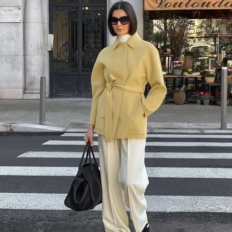 Talenza Women Woolen Coat Autumn Winter Solid Lace Elegant Woolen Thick Coat High Street Luxury Unique Female Parker Outwear