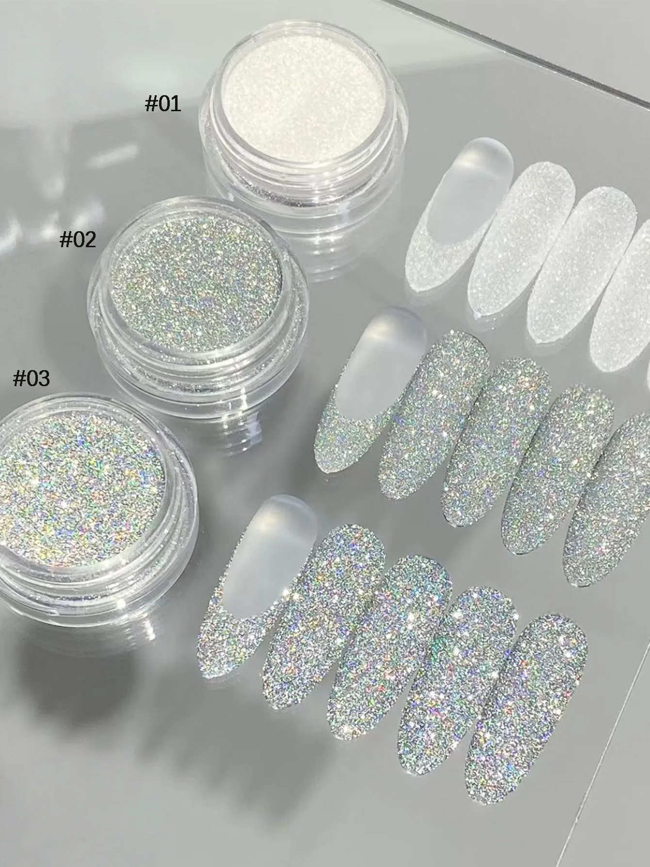 3-delige set wit en gekleurd laser strass nagellakpoeder gemengd met nail art materialen voor bruiloft nail art, mage na