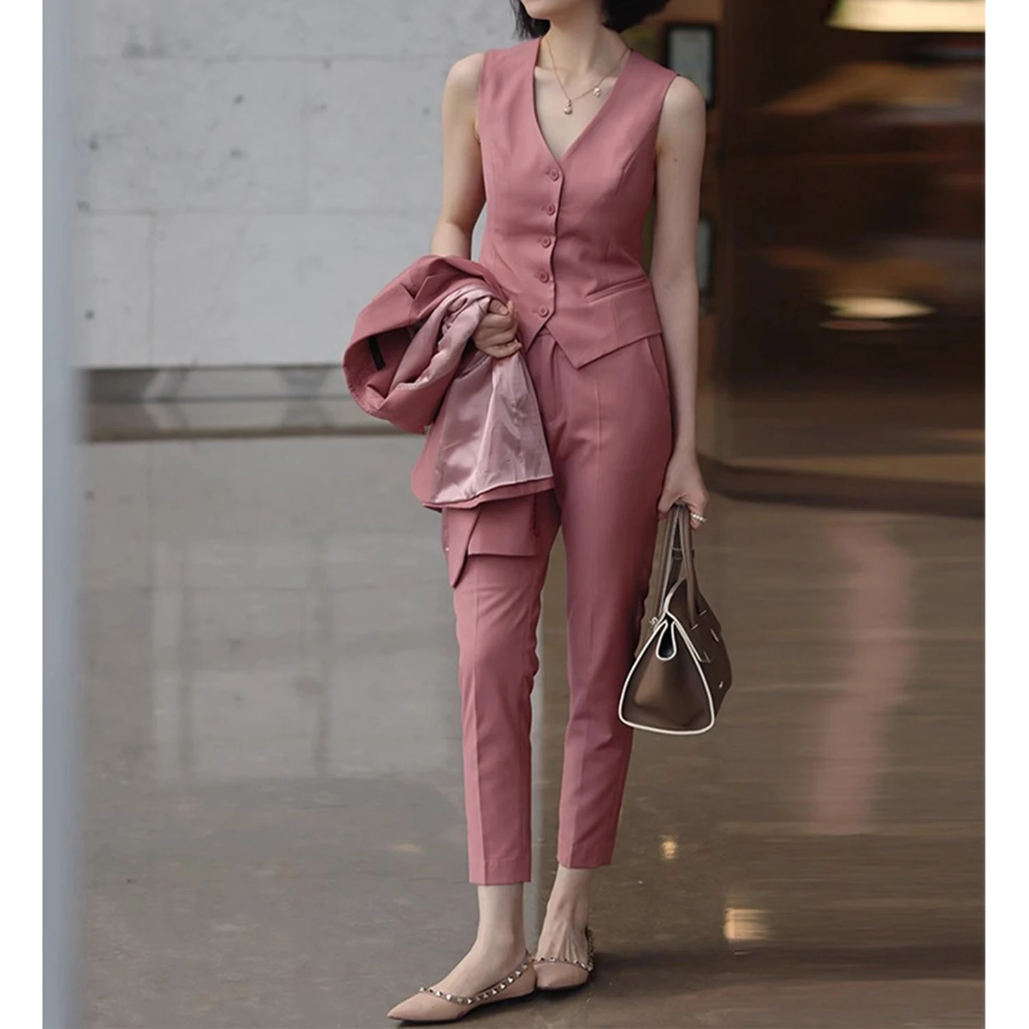 Allingentle Women's Pantsuit 3 Piece Suit Elegant Satin Lapel Blazer Vest & Pants for Business Office Customize