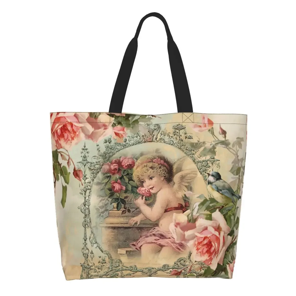 

Victorian Angel Vintage Rose Groceries Shopping Bag Cute Printed Canvas Shopper Tote Shoulder Bag Large Capacity Durable Handbag