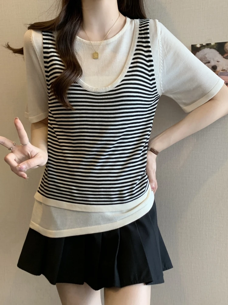 Slimming Stripe Ice Silk Splice T-Shirt Women's Summer plus Size Conceal Belly Hide Meat Fake Two-Piece Base Top