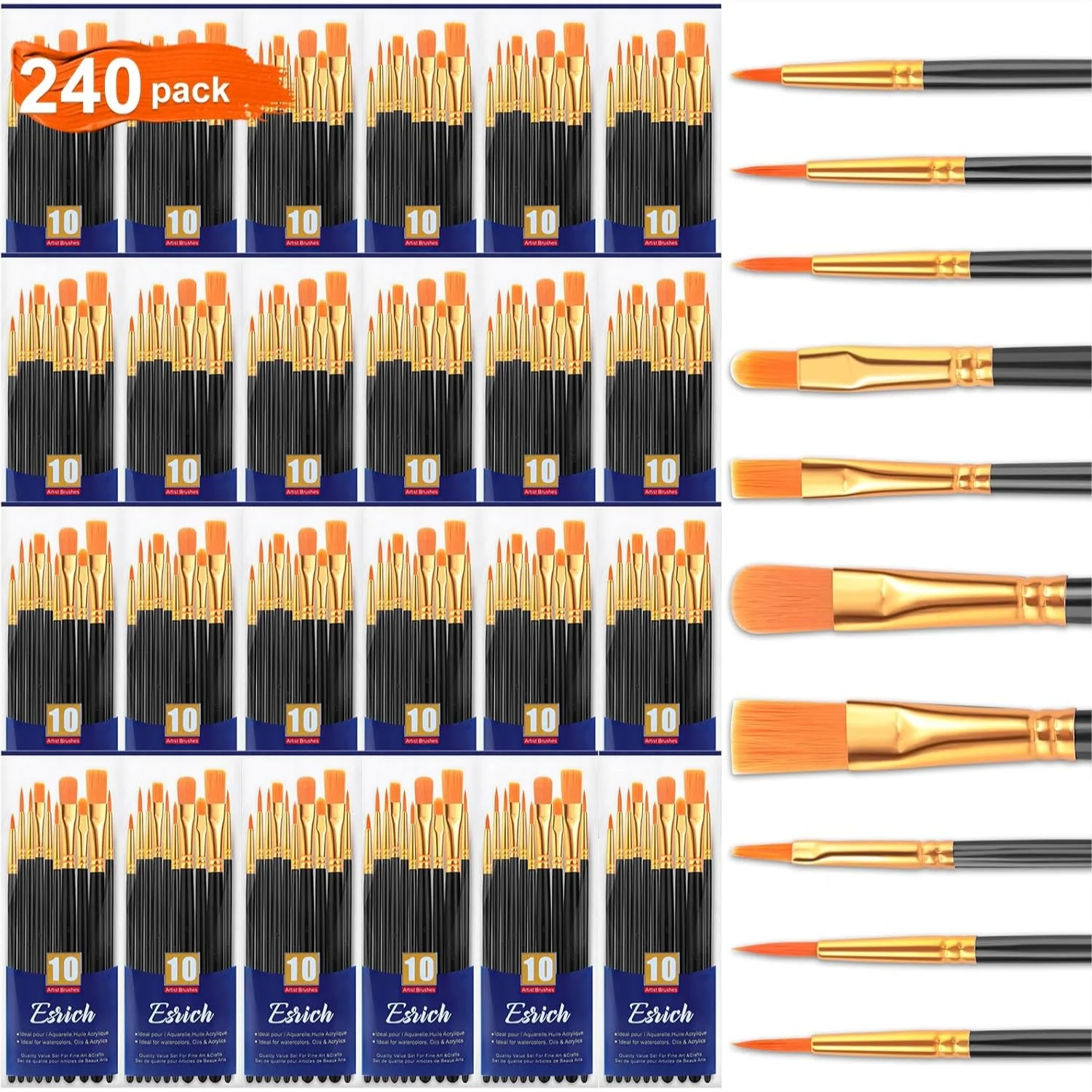 

Acrylic Paint Brushes Set 24 Pack 240 Pcs Nylon Brush for Watercolor Oil Painting with 10 Sizes for Artists Adults Kids
