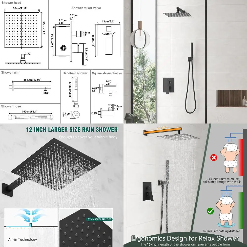 

12 Wall-Mounted Rain Shower System with Handheld Sprayer, Matte Black Square Showerhead and Brass Mixer Valve