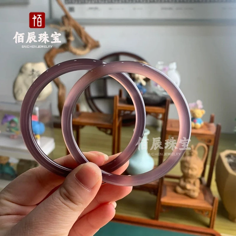 Natural Ice-Grade Imperial Purple Agate Chalcedony Thin Bangle, New Chinese Style Violet Beauty Bangle, Dingdang Jadeite Bracele