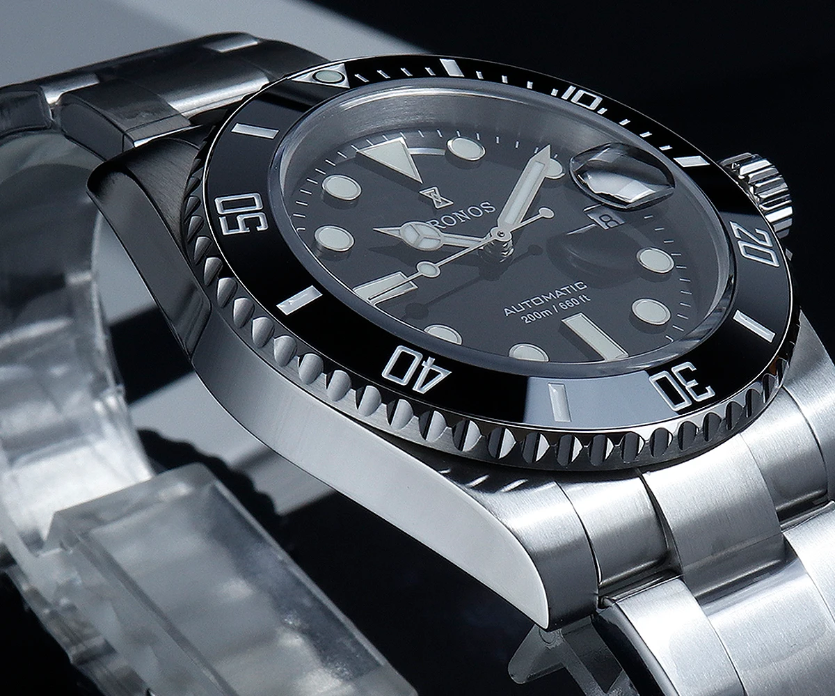 ساعة كرونوس سب دايفر للرجال PT5000 بدون تاريخ سوار مصقول إطار سيراميك 200 متر مقاومة للماء مشبك انزلاقي