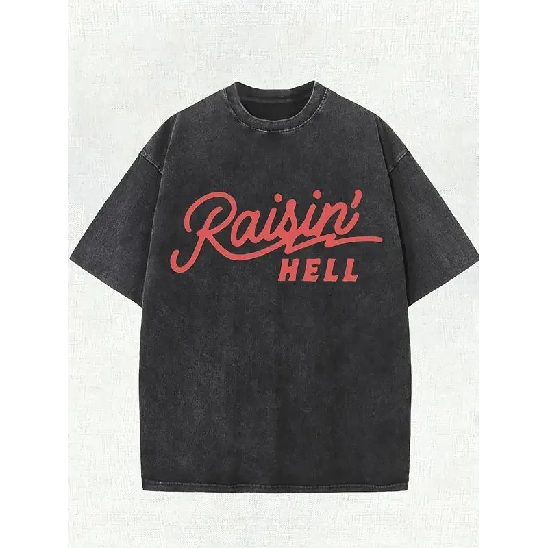 Heavy-Duty Boxy Cotton Tee, Loose Shortsleeve Casual Crew Neck Sports Top, Retro-Wash Vibe 'Raisin Hell' Print, Summer Casual Wear, Machine Washable, Black